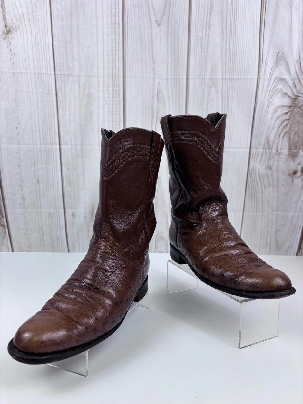 Vintage Justin Boots Smooth Quill Ostrich Leather Western Roper Cowboy Brown 9B - Picture 3 of 14